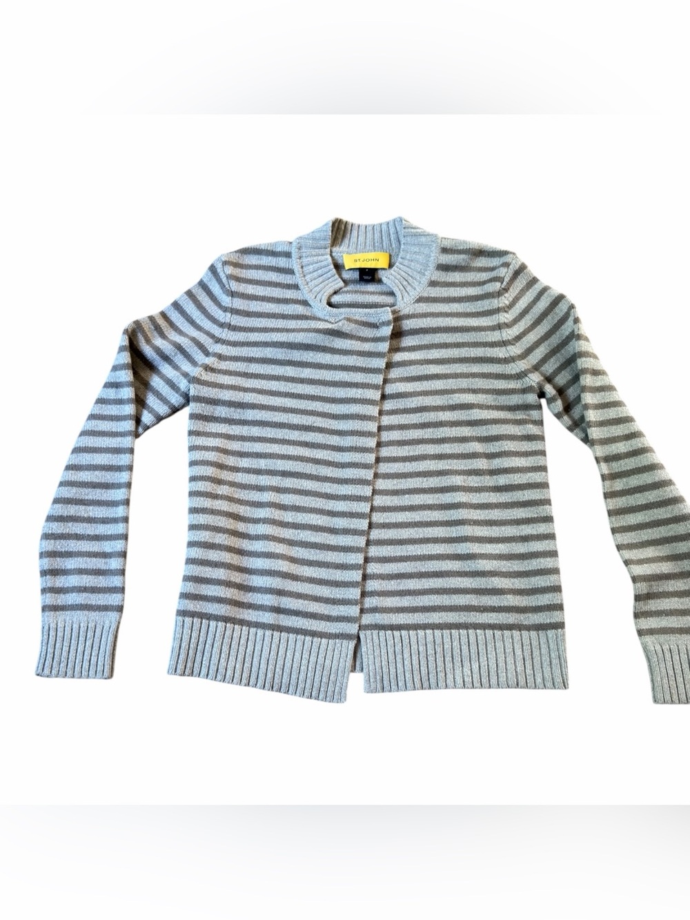 St. John Yellow Label Striped Cardigan Sweater Petite P Heather Gray Tan Cream